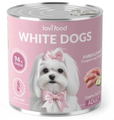 Lovi Food White Dogs mokra karma dlabiałych psów, królik i indyk 800g